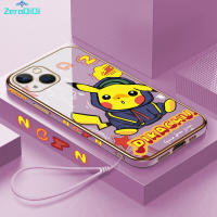 ZeroQiQi เคสโทรศัพท์ชุบเคสโทรศัพท์นิ่มลายขอบสี่เหลี่ยมการ์ตูน Pikachu น่ารักสำหรับ iPhone 15 Plus 15 Pro 15 15 Pro Max เคสโทรศัพท์นิ่มฟรีสายคล้อง