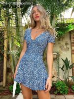 ◆❣☾ ocehrk Foridol-vestido de verão com estampa floral azul para mulheres vestido casual praia manga curta estilo boho roupas da moda