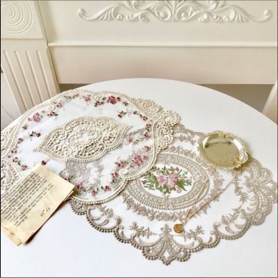 1Pcs for Dining Table Embroidery Fabric Lace Coaster European Mat Plate Placemat Insulation Craft Style 2Color Anti-scald