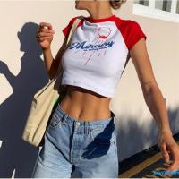 COD tjjs079 BAY-Women´s Crewneck Crop Tops Summer Short Sleeve Letter Print Graphic Slim Fit Raglan T-Shirt