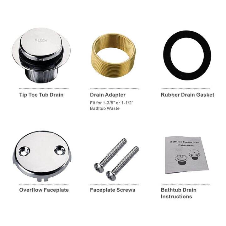 chrome-tip-toe-bathtub-tub-drain-conversion-kit-assembly-tub-drain-trim-kit-with-two-hole-overflow-faceplate