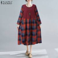 ZANZEA 2021 Grid Printed Kaftan Kleid Midi Baggy Shirts Dress O-Neck Elegant Casual Vestido Oversize Women Long Sleeved Sundress