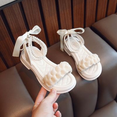 Baby Girl Shoes Pearls Chains 2023 Summer New Flats Kids Girls Sandals for Party Wedding Shows PU Soft Korean Princess Mary Jane