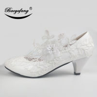 BaoYaFang White Flower Pumps New arrival womens wedding shoes Bride High heels platform shoes for woman ladies party dress shoes