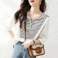 2022 Summer New Striped Stitching Shirt Female Commute Temperament Large Size Chic Style Korean Shirt