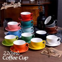 220มิลลิลิตรแก้วกาแฟถ้วยกาแฟเซรามิกและจานรองชุดยุโรปสีเคลือบนมคาปูชิโน่ลาเต้ถ้วยโลโก้ที่กำหนดเอง