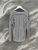 Women T-shirt Lightweight Linen Irregular Stripe Stitching Thin Knitted T-shirt