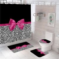 【CW】ﺴ▧▬  Leopard Print Shower Curtain Pink Bow-knot Partition Toilet Bathtub Set Decoration