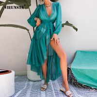 ✁﹊ Autumn Casual Solid Color Long Sleeves Lace up Cardigan Women 39;s Dress Summer Elegant Women 39;s Transparent Beach Holiday Sundress