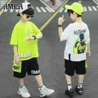 AMILA ชุดเด็กผู้ชายชุดเด็ก2ชิ้น,ชุดเสื้อเชิ้ตแขนสั้นกางเกงกีฬาทรงหลวม