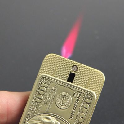ZZOOI Creative 100 Dollar Jet Torch Metal Windproof Lighter Ultra Thin Straight Flame Butane Compact Refillable Gas