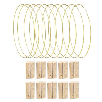 10 PCS Hoop Centerpiece DIY Wreath Gold Hoop Rings for Home Table with 10 PCS Wooden Card Holders Floral Hoops Home Decorations Metal Hoop Centerpiece