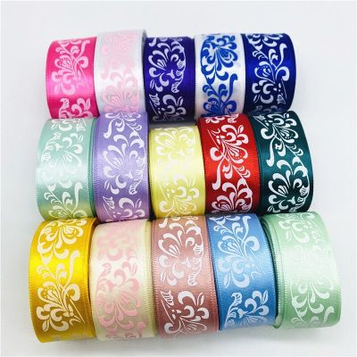 5yards 25MM Polyester Ribbon Printing Flower Satin Ribbon For Hair Bow Party Christmas Wedding Decoration DIY Gift Wrapping Gift Wrapping  Bags
