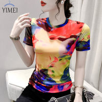 YIMEI เสื้อยืดกว่างโจวของผู้หญิงสวยๆ2023ฤดูร้อนสลิมฟิตเสื้อแฟชั่นตำแหน่งดอกไม้เสื้อเสื้อยืดผ้าตาข่ายคอกลมพิมพ์ลายแขนสั้นสำหรับผู้หญิง