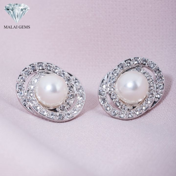 malai-gems-ต่างหูมุก-เงินแท้-silver-925-เพชรสวิส-cz-เคลือบทองคำขาว-รุ่น-11010159-แถมกล่อง-ต่างหูเพชร-ต่างหูเงินแท้