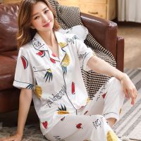 【READY STOCK】Pajama womens summer silk short sleeve trousers Pajama suit ice silk womens thin home clothes