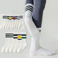 【YD】 New Cotton Breathable Mid-calf Colorful Striped Anti-slip Socks Pilates Indoor Gym Floor