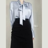 Suit female sense of the new spring 2023 senior satin bow shirt high pockets hip skirts two-piece