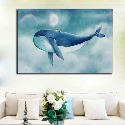 Lovely Blue Whale Canvas Painting Modern Cartoon Seascape Poster And Prints Home Decoration Cuadros Wall Picture For Children
