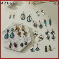 AZURE ผู้หญิง Boho Ethnic ย้อนยุคสุดฮอต ต่างหูตะขอเทอร์ควอยซ์ ห้อยดอกไม้ พลอยเทียม ต่างหูห้อย