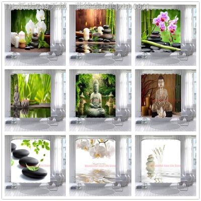 【CW】✇  Creek Stone Buddha Shower Curtain Candle Garden Scenery