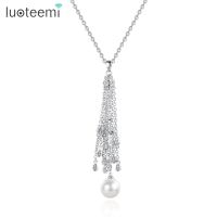 LUOTEEMI Zircon Tassel Pendant Necklace AAA Cubic Zirconia Luxury Long CZ Sweater Imitation Pearl Necklace Girls High Quality