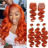 [COD]#350 สีส้ม 10A วิกผมจริง body wave 4x4 13x4 Orange bundles