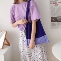 【jw】♠┅☒  Knitting Fabric Shoulder Color Patchwork Design Pleated Woolen Handbag Shopping Tote Ladies