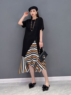 XITAO Dress Contrast Color Striped Patchwork T-shirt Dress