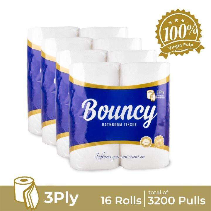 Bouncy Bathroom Tissue 3 Ply 200 Pulls x 16 Rolls Toilet Tissue Paper