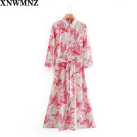 2021XNWMNZ za Floral Print Single Breasted Button High Waist Lace Up Long Dress Elegant Vestidos shirt collar Dress tie belt