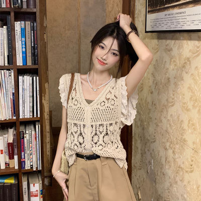 shenghao เสื้อชั้นในสตรีแขนกุดคอวีแขนกุดคอวีของผู้หญิงเสื้อกล้ามถักแบบกลวงแนววินเทจฤดูร้อน