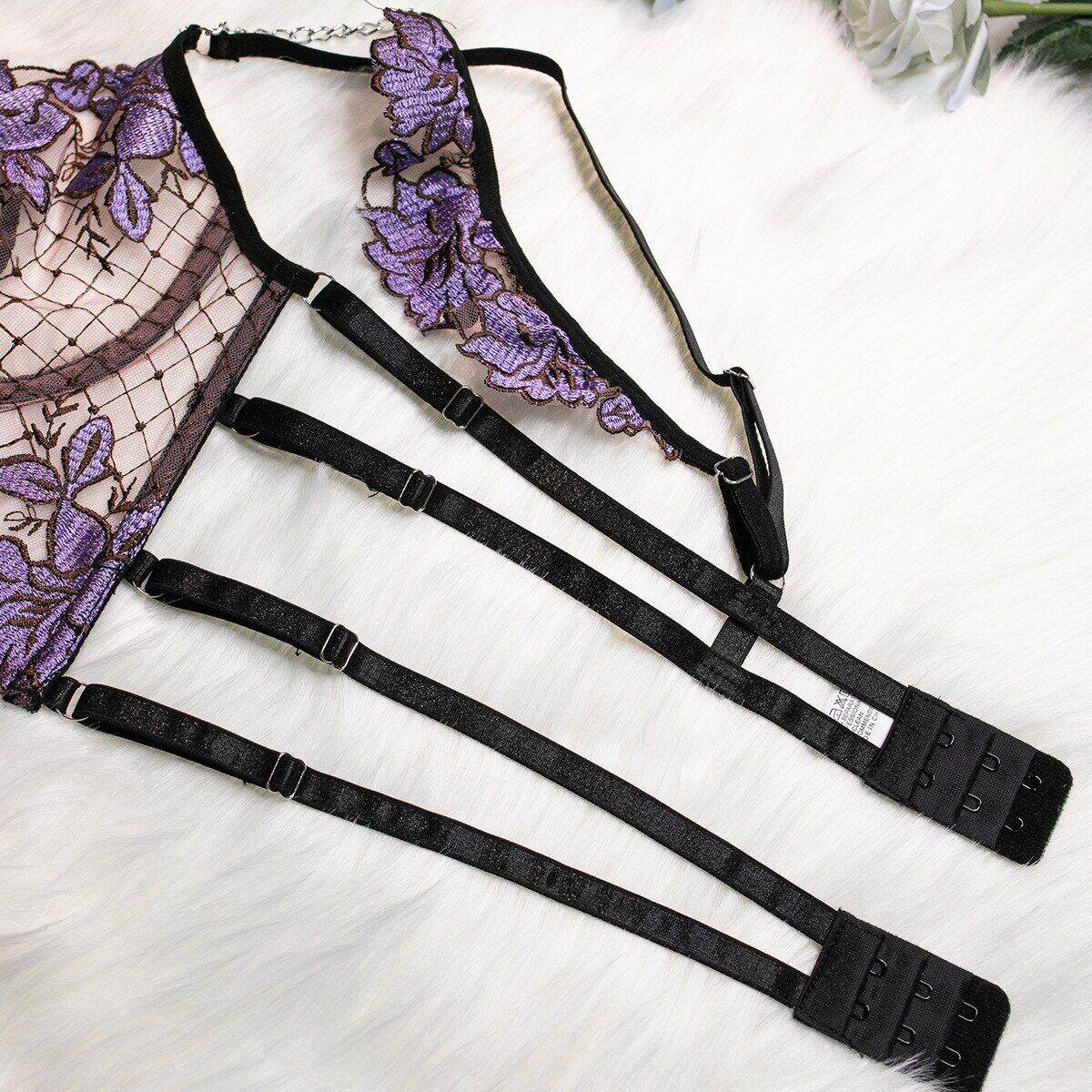 Yimunancy 3 Piece Floral Embroidery Lingerie Set Mesh Patchwork Vintage