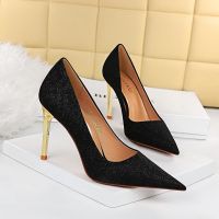 CODhuanglan212 European and American style sexy and thin metal heel stiletto high heels cloth shallow pointed high heels womens shoes
