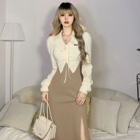 2023 New French polo neck long-sleeved dress Womens waist fake two-piece drawcord patchwork buttock dress