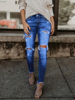 xiaopo Blue Ripped Skinny Jeans, Distressed Slim Fit Slash Pockets Raw Hem Denim Pants, Womens Denim Jeans &amp; Clothing