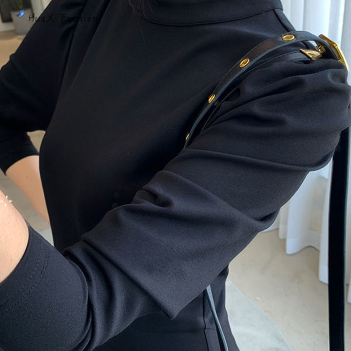 huax-เดรสคอกลมสำหรับผู้หญิง-กระโปรงพริ้วขนาดใหญ่ยาวเข้ารูปที่เอวเก๋ไก๋แขนยาวสีดำ