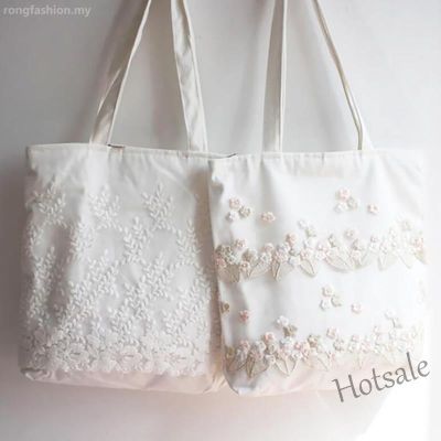 【hot sale】▣∋ C16 Canvas Women Bag Fashion Lace Canvas Shoulder Bags Embroidery Flower Shopping Handbag Las Large Tote Bags Summer Beach Bag