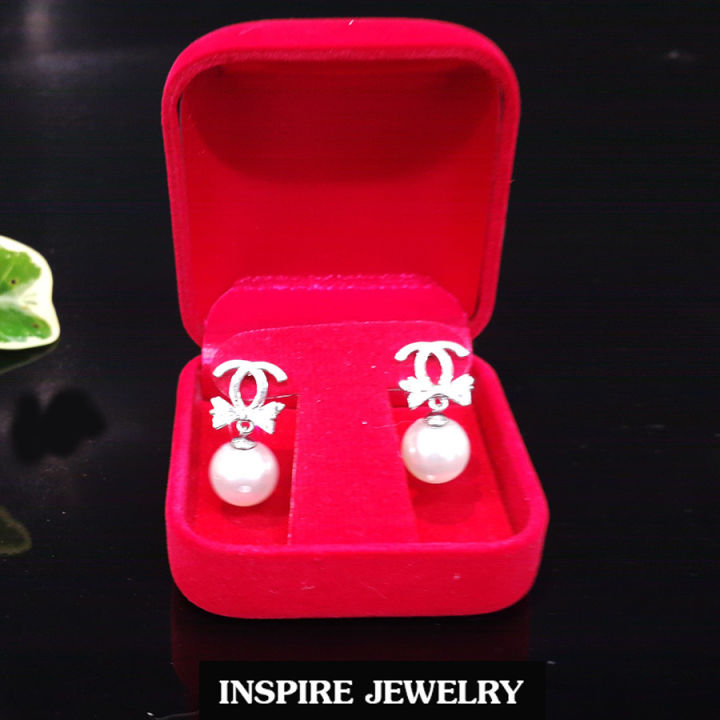 inspire-jewelry-ต่างหูเพชรรูปโบว์ห้อยมุกตุ้งติ้ง-เพชรสวิสเล่นไฟดีมาก-งานฝังแบบร้านพลอย-ร้านเพชร-งานจิวเวลลี่-สวยงาม-ปราณีต