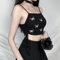 [A LIKE] 2020สายรัด Drawstring Top Goth Dark Grunge Gothic ผู้หญิง Camisole Harajukuembroided แหวน Cropped Top Streetwear