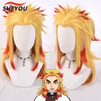 Anime demon Slayer rengoku kyoujurou สีบลอนด์ Ombre คอสเพลย์ผู้ชายผู้หญิงทนความร้อน pontail วิกผมวิกผมหมวก