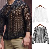 【ร้อน】บุรุษแขนยาวเสื้อยืดเซ็กซี่เชียร์ตาข่าย Fishnet Clubwear Tops Tee ทนกว่ายิมฝึกอบรมกลวงออกซีทรูท็อปส์