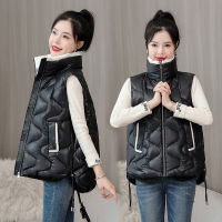 【cw】 Glossy Contrast Color Double Collar Stand Collar Cotton Vest Women 2022 Autumn and Winter New Korean Style Casual Design Vest Coat Fashion ！