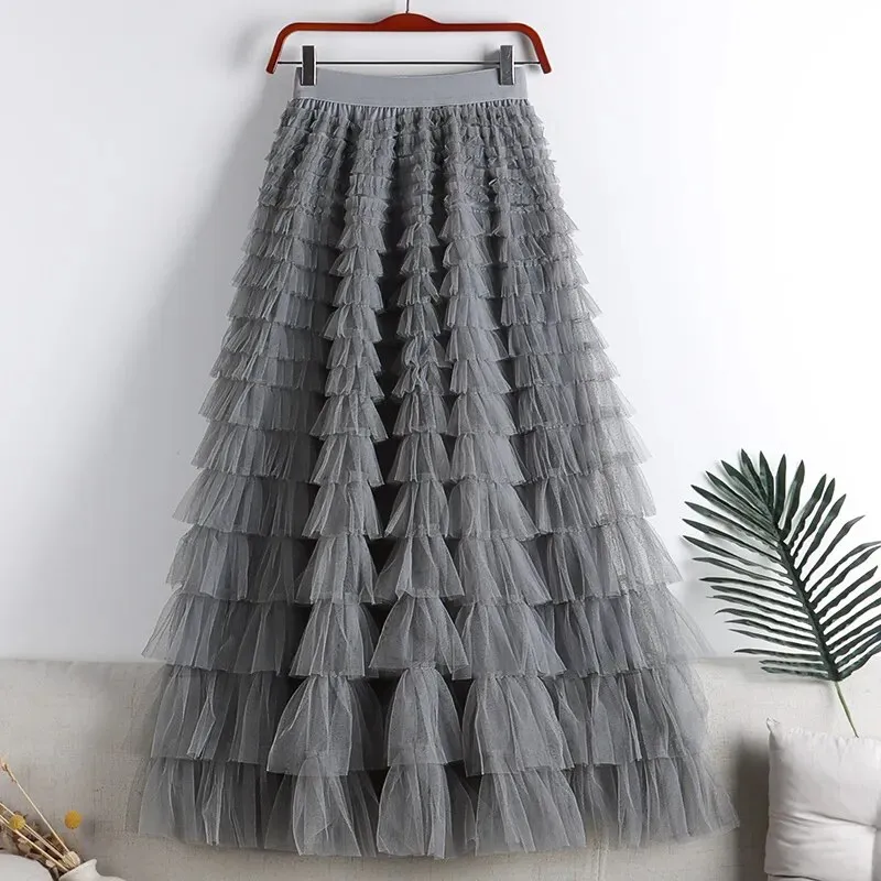 TIGENA 92Cm Tiered Maxi Tulle Skirt Women 2023 New Spring Summer Elegant  Layers High Waist Pleated Tutu Mesh Long Skirt Female