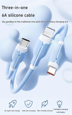 【cw】Three-in-One Data Cable,6A Super Fast Charge,Safe Fast Charge,Skin-Friendly Silicone,Smart Charging and Display,Liquid Silicone ！