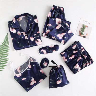 Autumn Spring 7 Pieces Set Silk Elegant Women Pajamas stripe Shorts Long Sleeve Tops Elastic Waist Pants Full Lounge Sleepwear