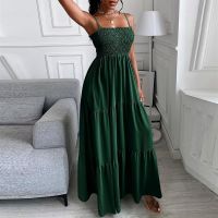 fgjre335 ขายดีที่สุด - / 2021 Women Leaf Printed Sexy Maxi Dress Elegant Lady Sling Pleated Party Dress