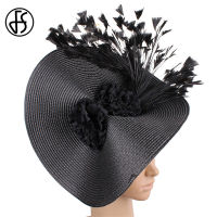 FS Yellow Straw Big Fedora Hats Women Yellow Derby Feather Flower Church Fascinator For Wedding Hat Cocktail Bride Accessories