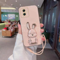 เคสมือจับสำหรับโทรศัพท์มือถือกระต่ายน่ารักสำหรับ Samsunga05เคลือบแฟชั่นซิลิโคนปลอกอ่อน Samsung กาแล็คซี่ A05 A05S M34 S23 FE 2023กล้องปกป้องฝาหลัง Samsung A05s กับสายคล้องมือ