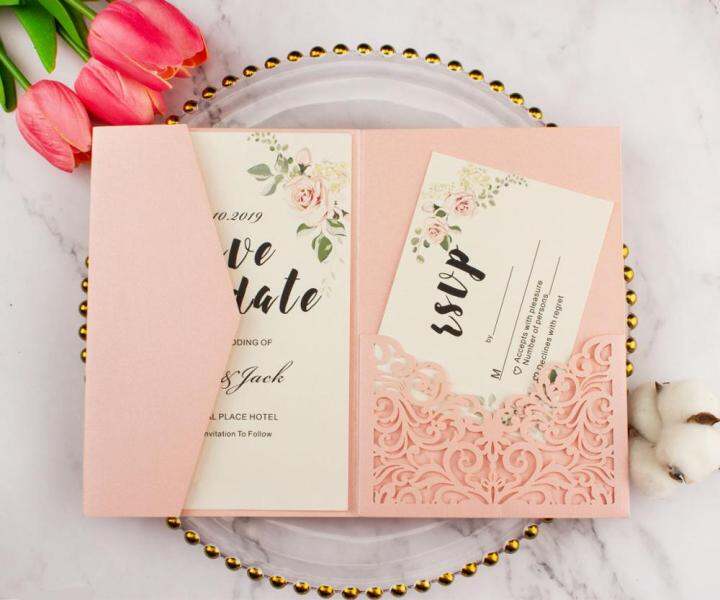 20Pcs/Lot Burdy Pocketfold Laser Cut Flower Wedding Invitation Cards